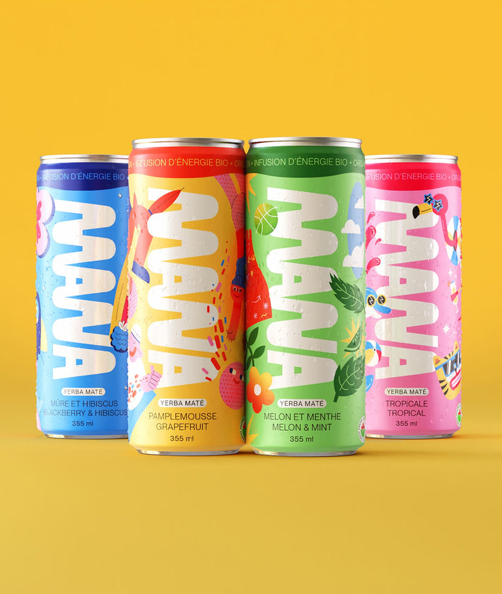4 mana yerba maté flavours Blackberry and Hibiscus, Grapefruit, Melon and Mint, and Tropical